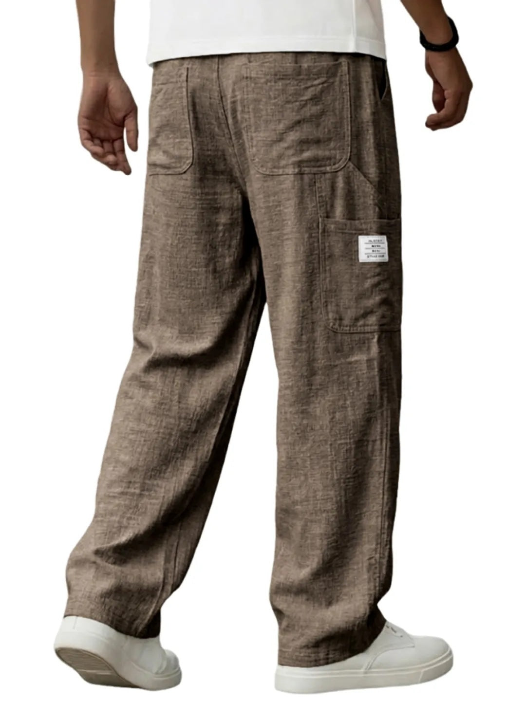 Men's Solid Color Full Length Sport Casual Pants In Linen Fabric Featuring Practical Pockets