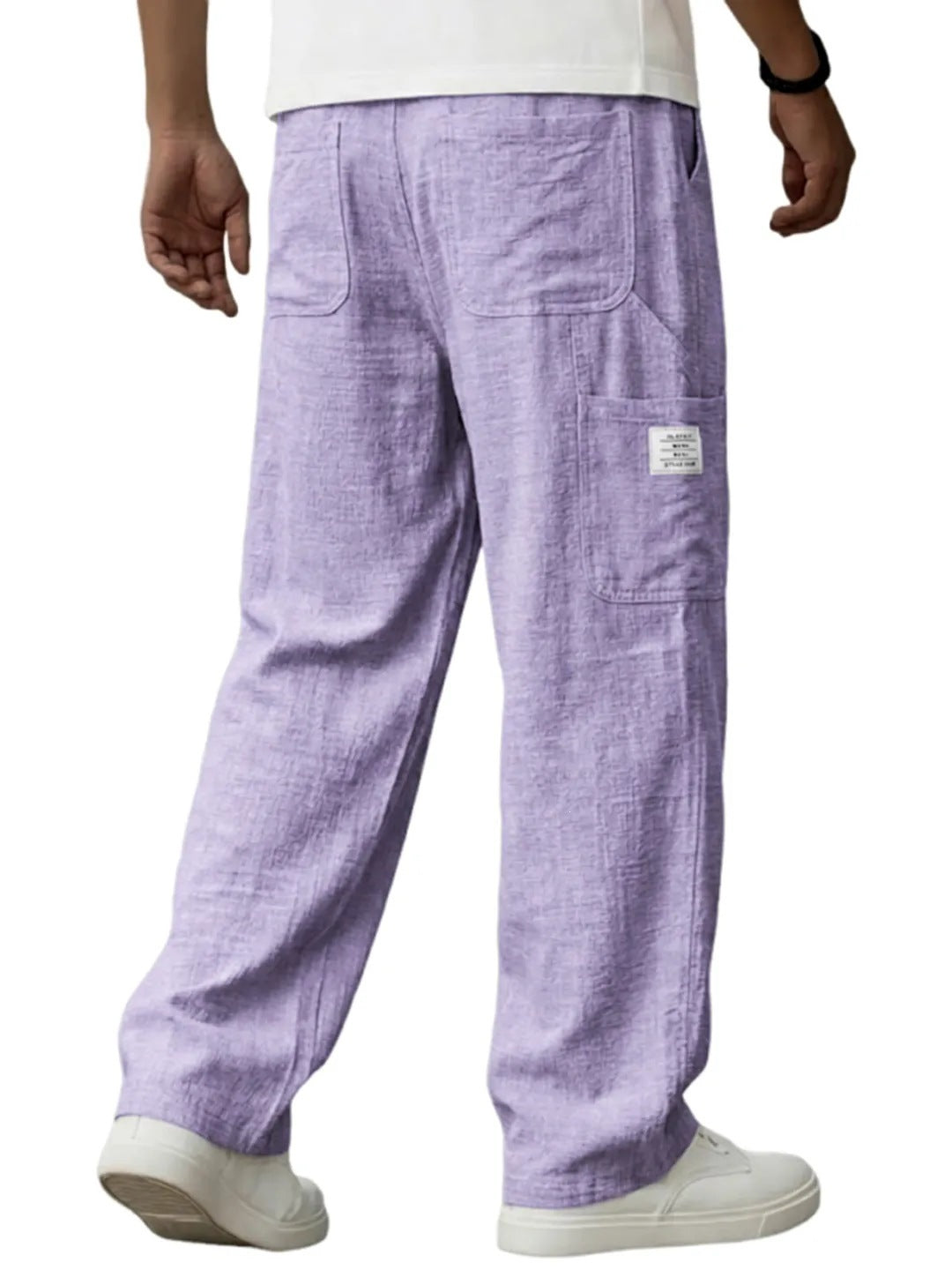 Men's Solid Color Full Length Sport Casual Pants In Linen Fabric Featuring Practical Pockets