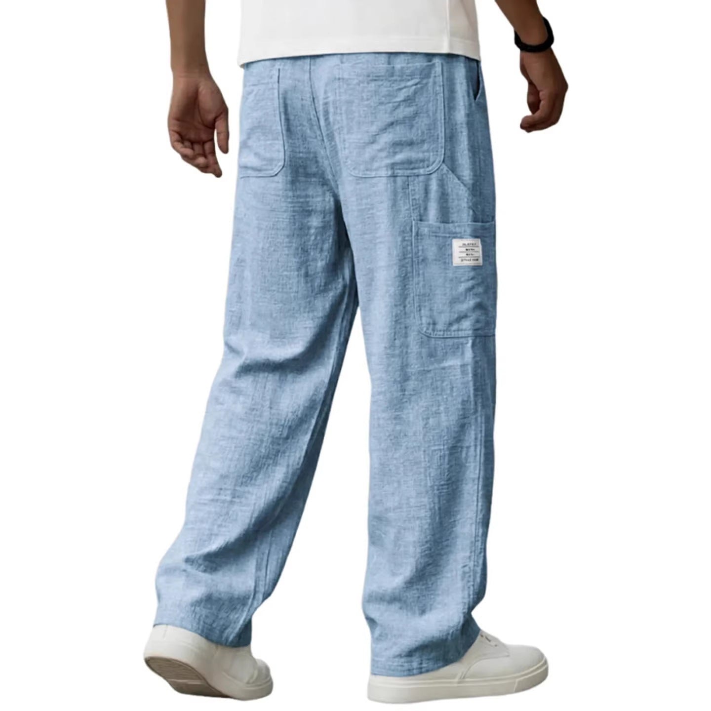 Men's Solid Color Full Length Sport Casual Pants In Linen Fabric Featuring Practical Pockets