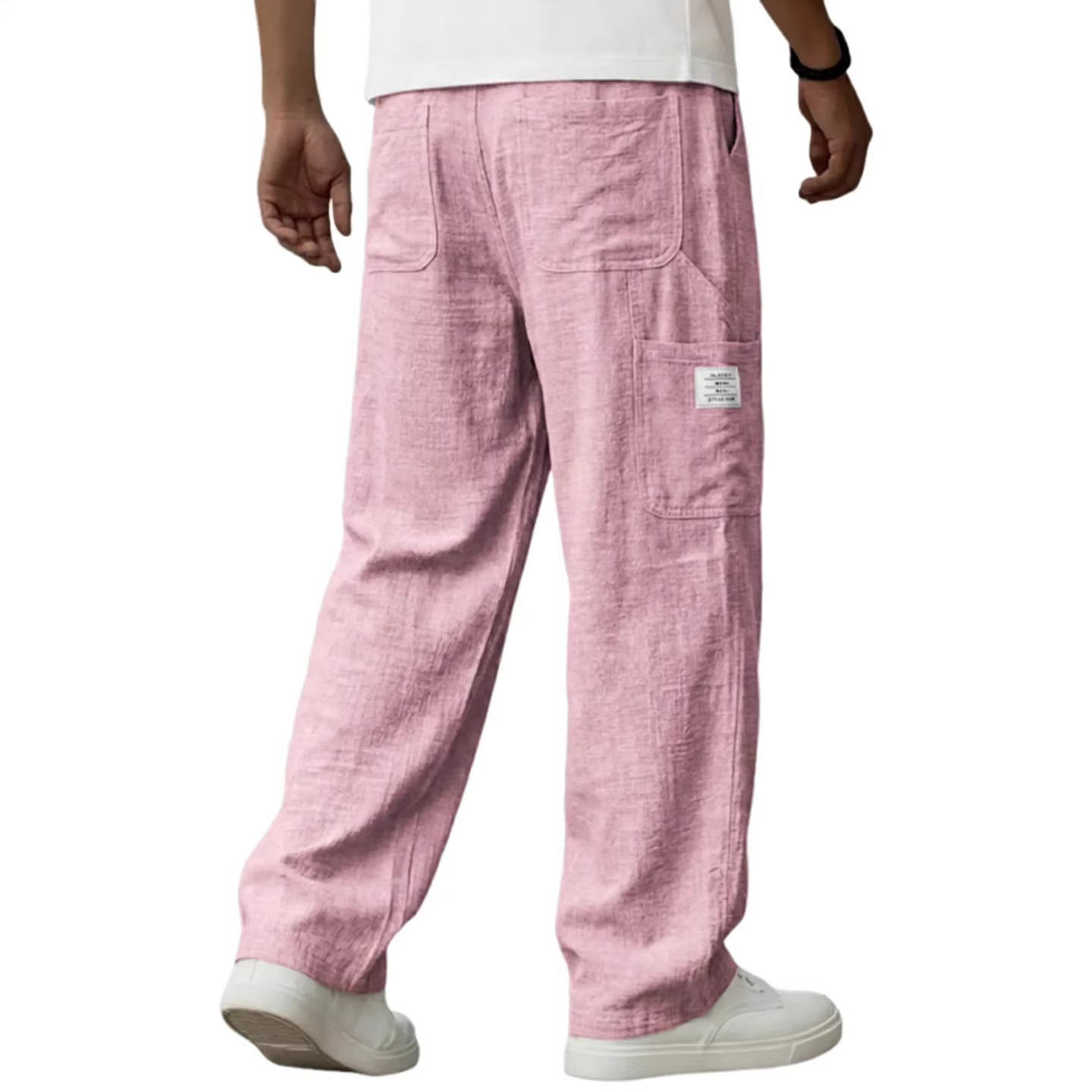 Men's Solid Color Full Length Sport Casual Pants In Linen Fabric Featuring Practical Pockets