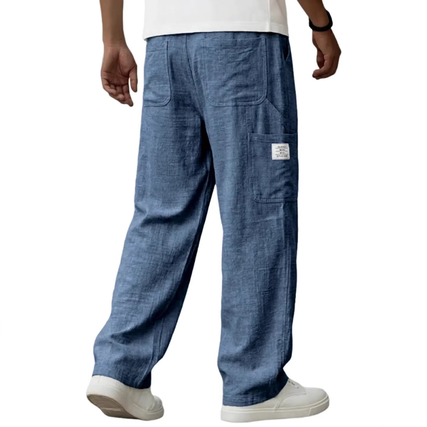 Men's Solid Color Full Length Sport Casual Pants In Linen Fabric Featuring Practical Pockets