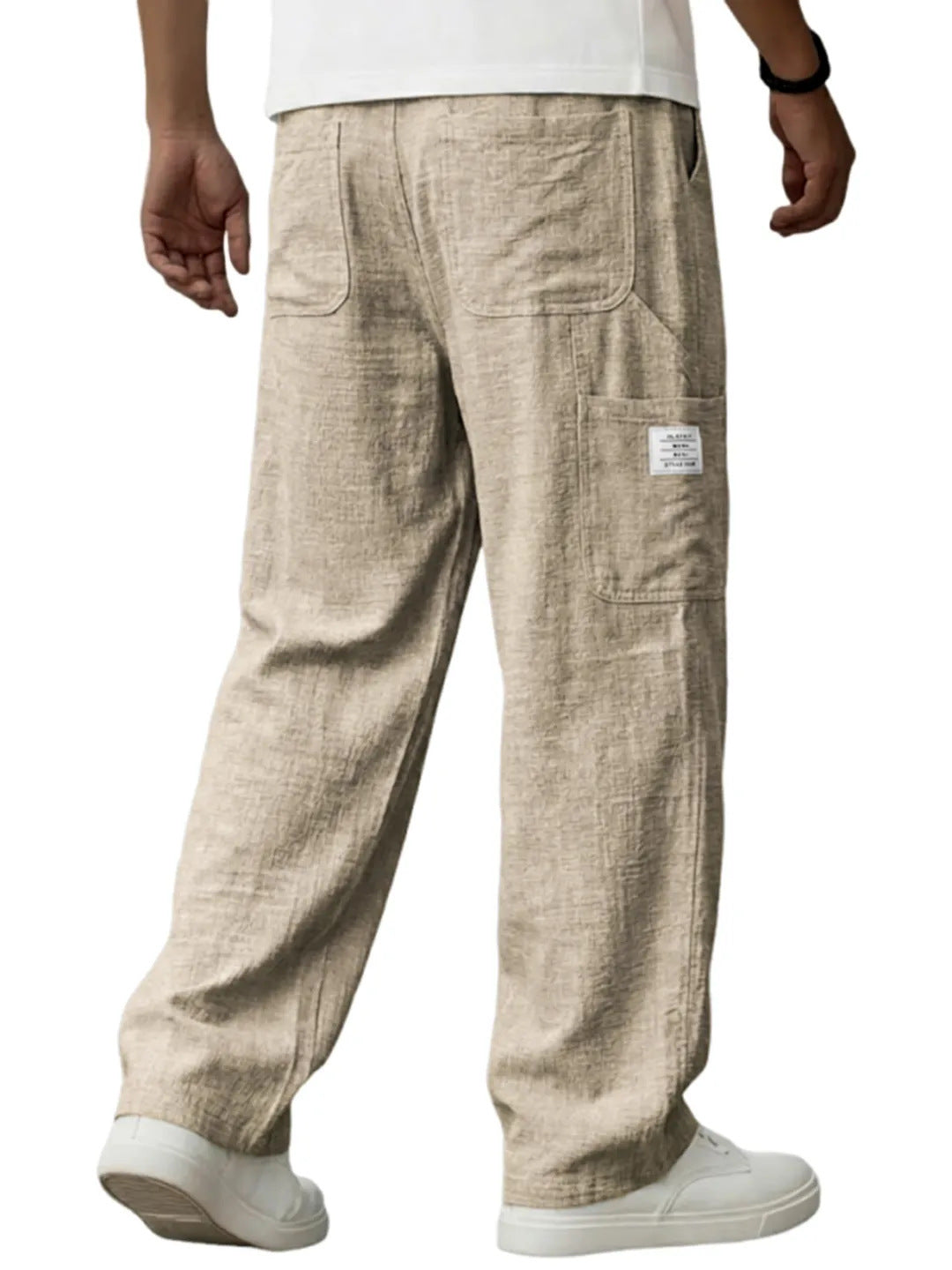 Men's Solid Color Full Length Sport Casual Pants In Linen Fabric Featuring Practical Pockets