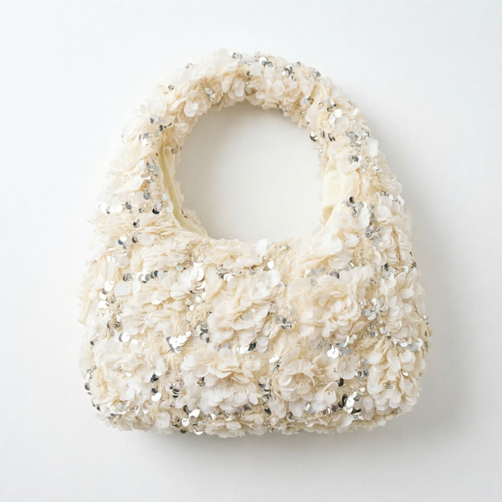 Floral Square Fabric Handbag With Sequins, Top Handle Design For Autumn