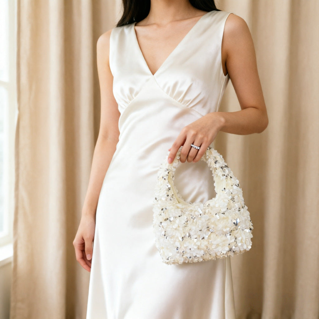 Floral Square Fabric Handbag With Sequins, Top Handle Design For Autumn