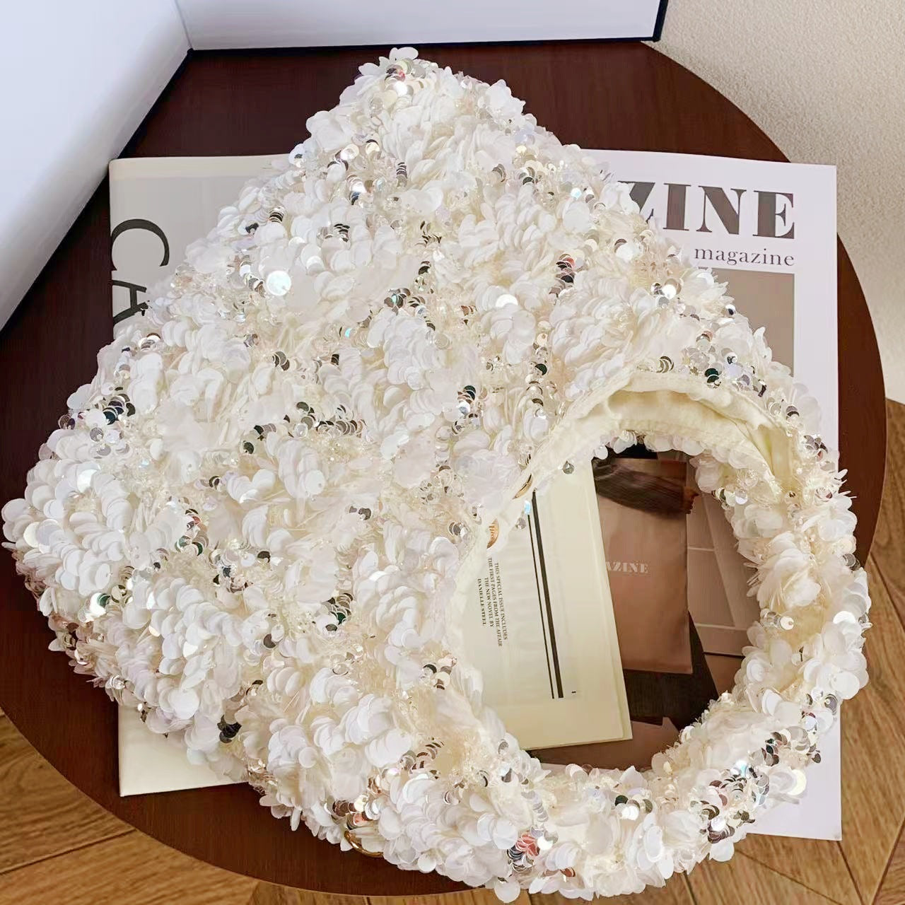 Floral Square Fabric Handbag With Sequins, Top Handle Design For Autumn