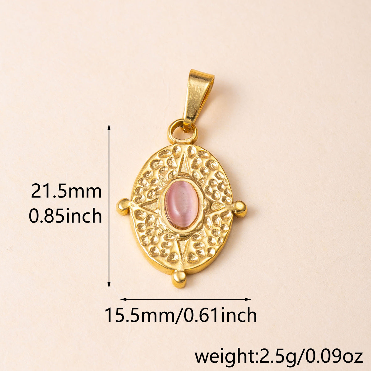 Bohemian Oval Pendant With Agate Inlay, 304 Stainless Steel PVD Coated Featuring Hammered Finish