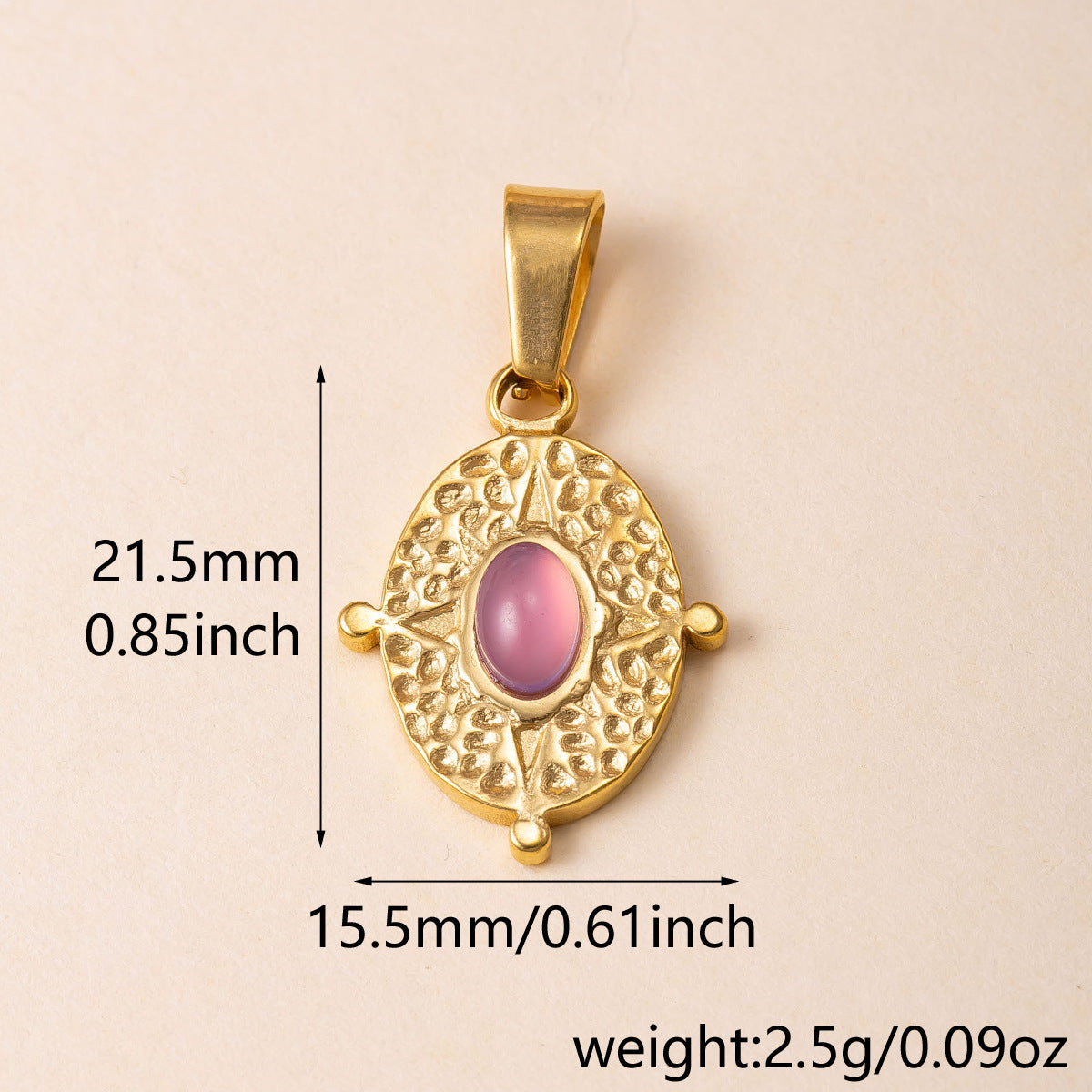 Bohemian Oval Pendant With Agate Inlay, 304 Stainless Steel PVD Coated Featuring Hammered Finish
