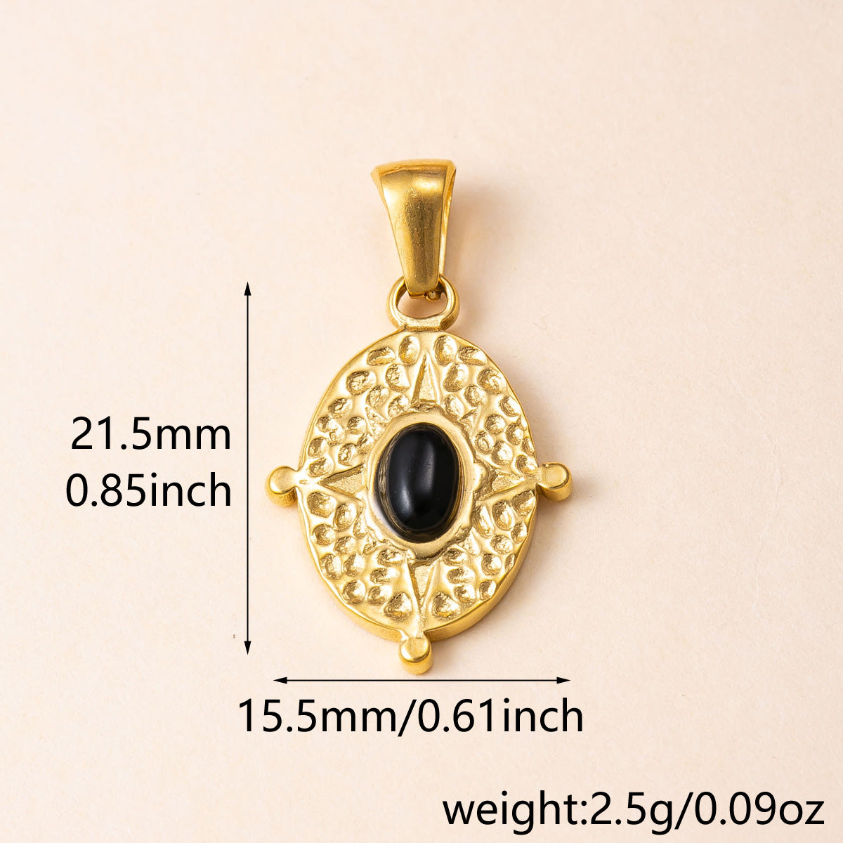 Bohemian Oval Pendant With Agate Inlay, 304 Stainless Steel PVD Coated Featuring Hammered Finish