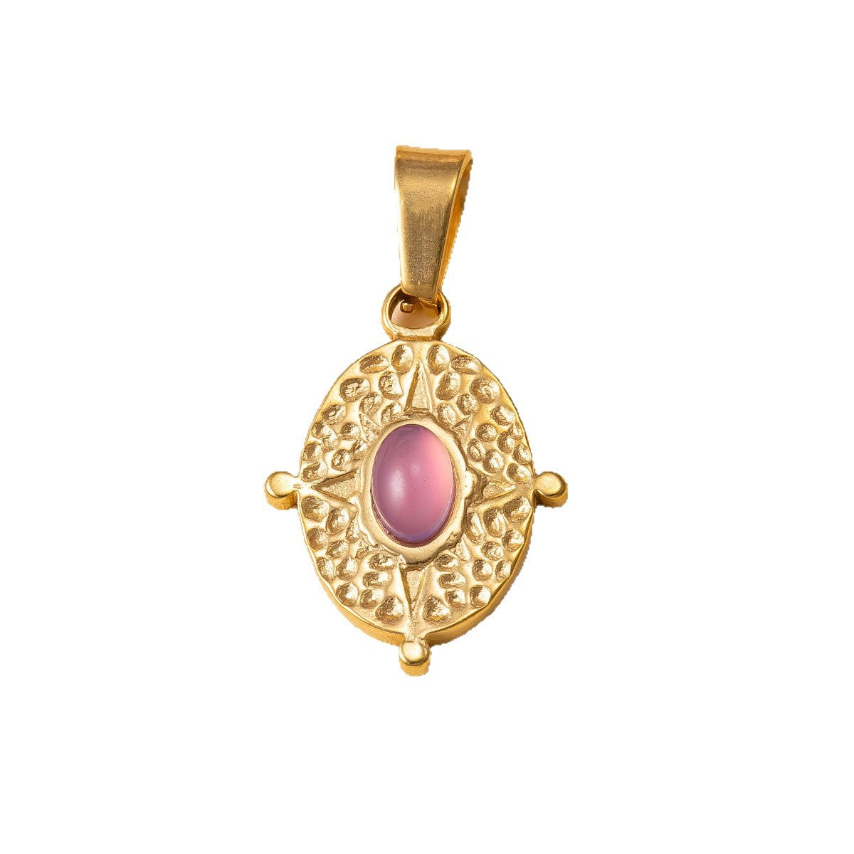 Bohemian Oval Pendant With Agate Inlay, 304 Stainless Steel PVD Coated Featuring Hammered Finish
