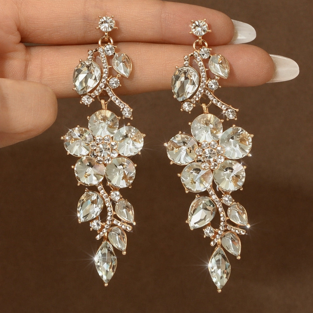 Exaggerated Leaves Earrings For Women In Colour Alloy With Rhinestones Inlay