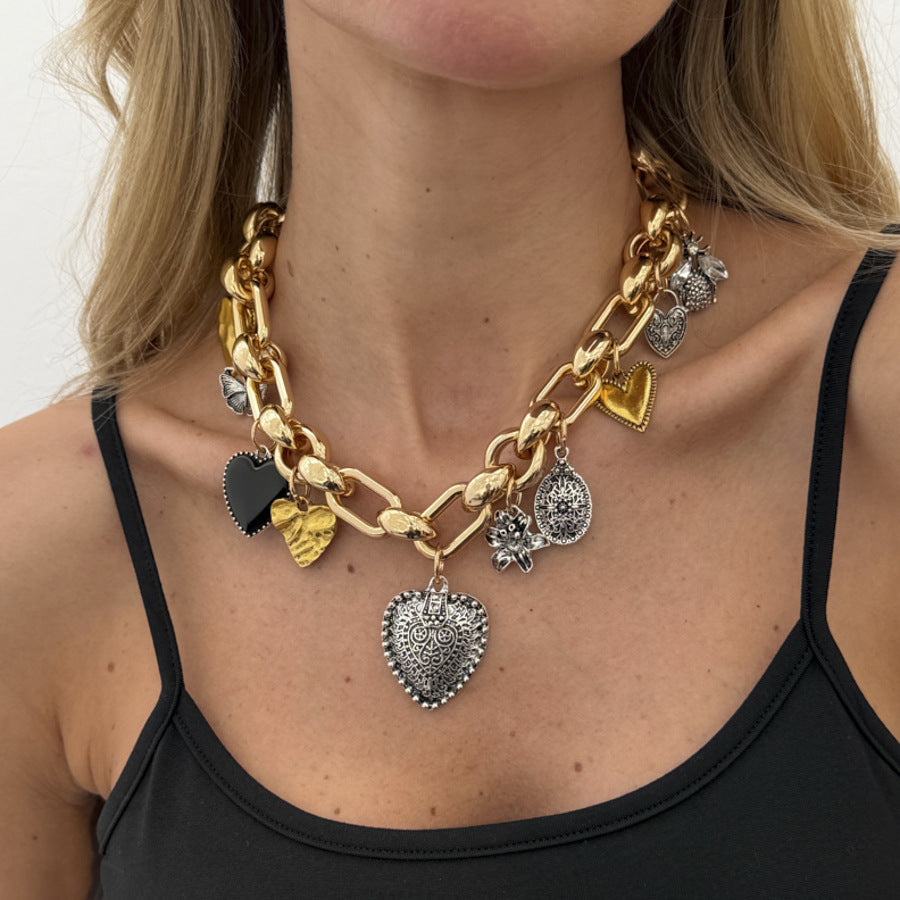 Heart Shape Pendant Necklace In Multicolor With Zinc Alloy Pendant, Punk Style For Women, Featuring Cuban Link Chain