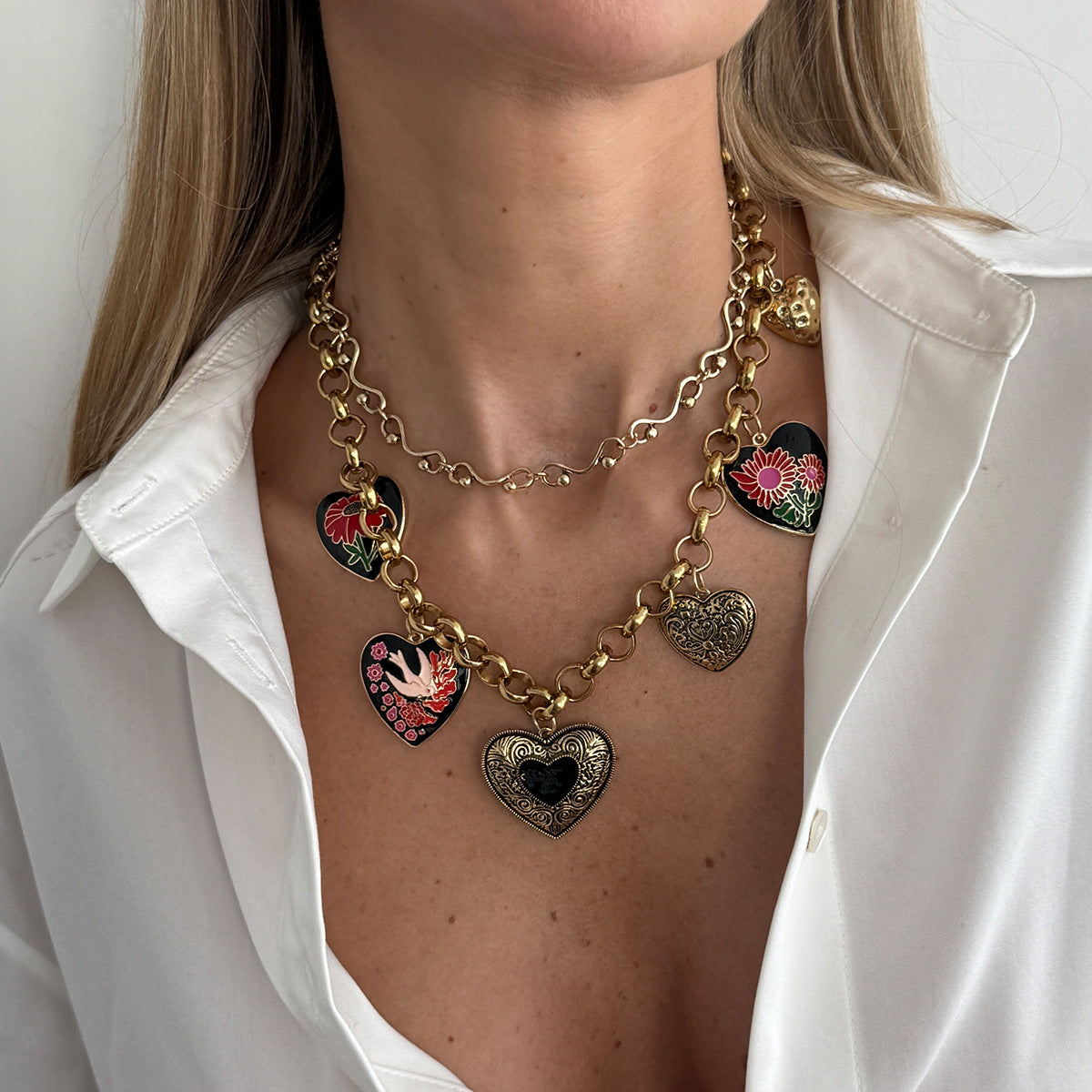 Heart Shape Pendant Necklace In Multicolor With Zinc Alloy Pendant, Punk Style For Women, Featuring Cuban Link Chain