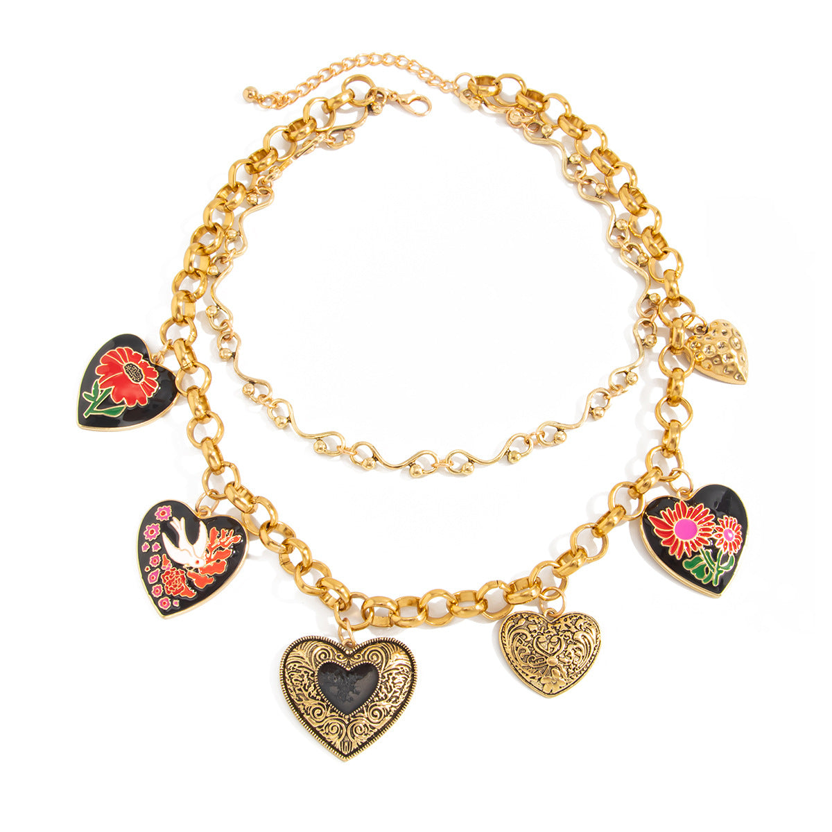 Heart Shape Pendant Necklace In Multicolor With Zinc Alloy Pendant, Punk Style For Women, Featuring Cuban Link Chain