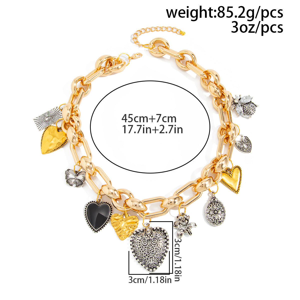 Heart Shape Pendant Necklace In Multicolor With Zinc Alloy Pendant, Punk Style For Women, Featuring Cuban Link Chain