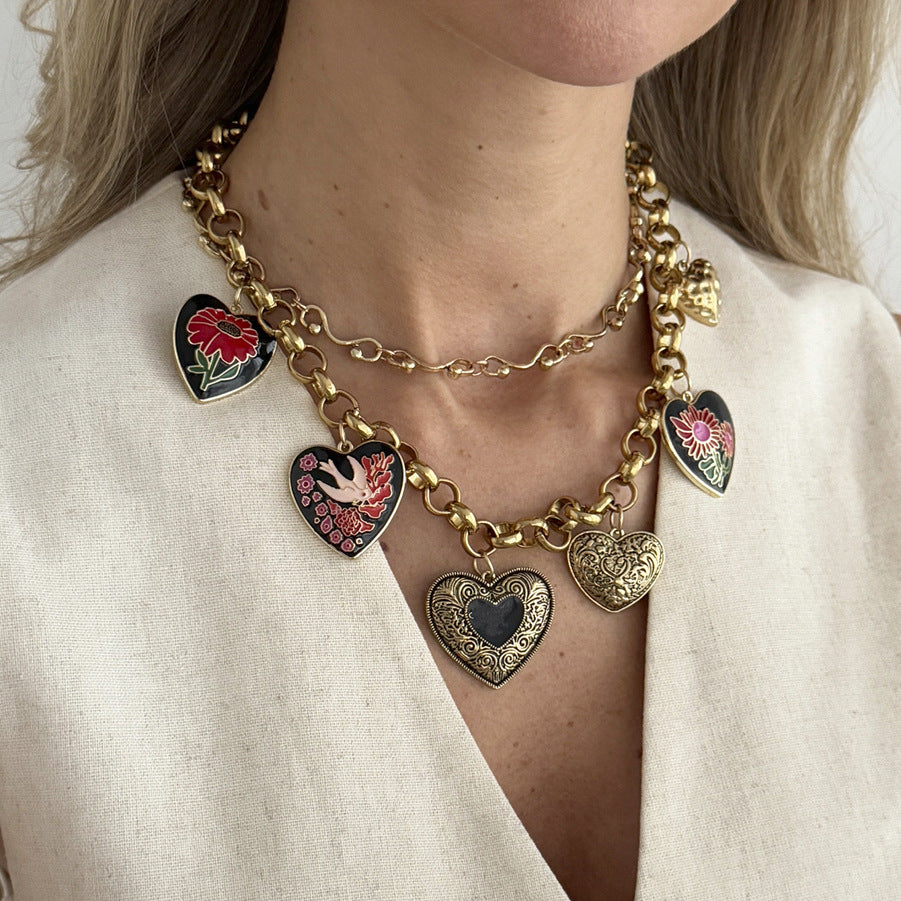 Heart Shape Pendant Necklace In Multicolor With Zinc Alloy Pendant, Punk Style For Women, Featuring Cuban Link Chain