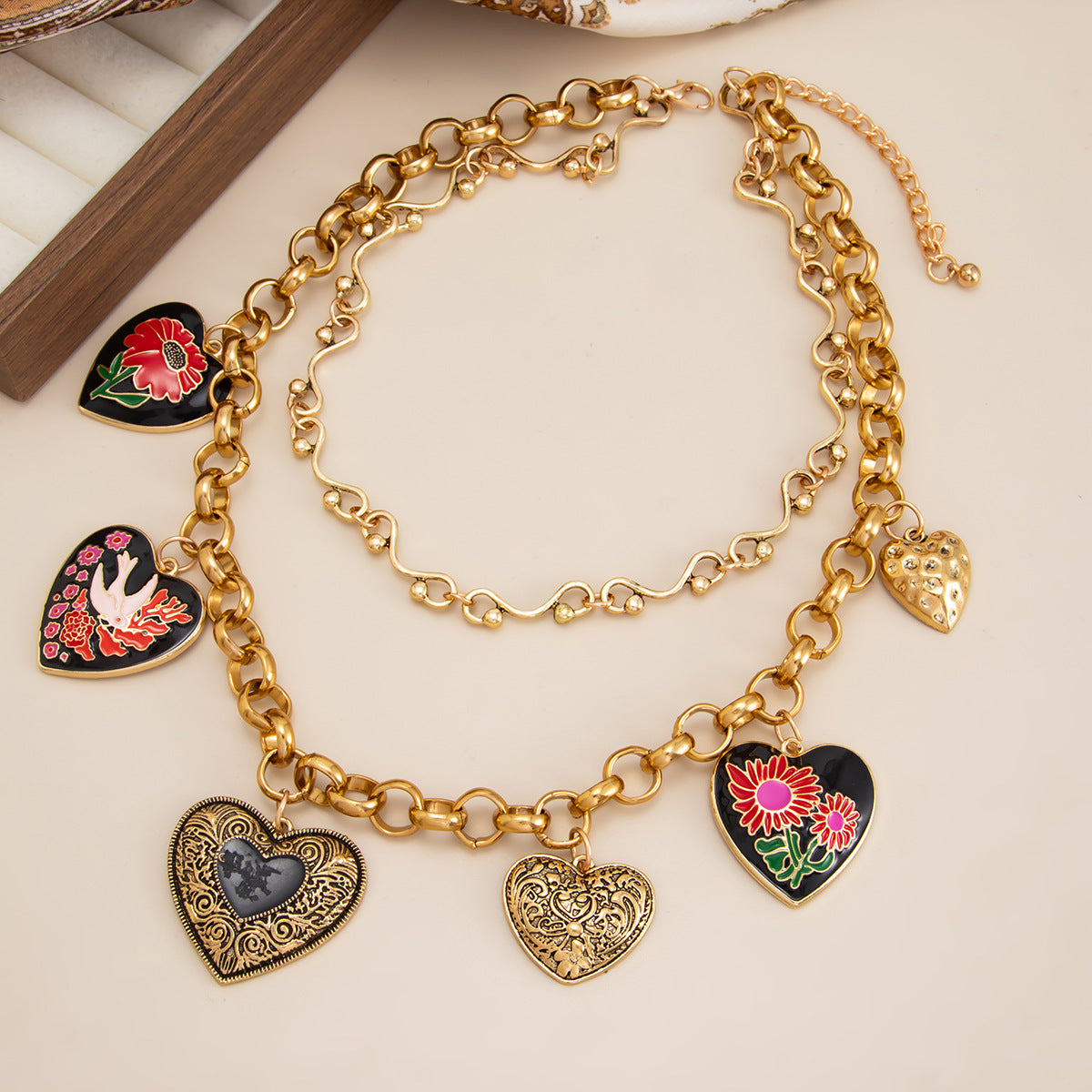 Heart Shape Pendant Necklace In Multicolor With Zinc Alloy Pendant, Punk Style For Women, Featuring Cuban Link Chain