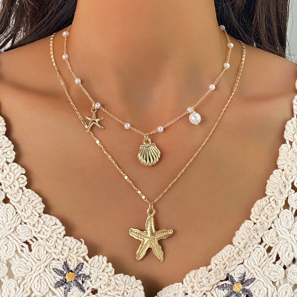 Bohemian Layered Shell Necklaces For Women With Electroplated Alloy Pendants On Cable Chain