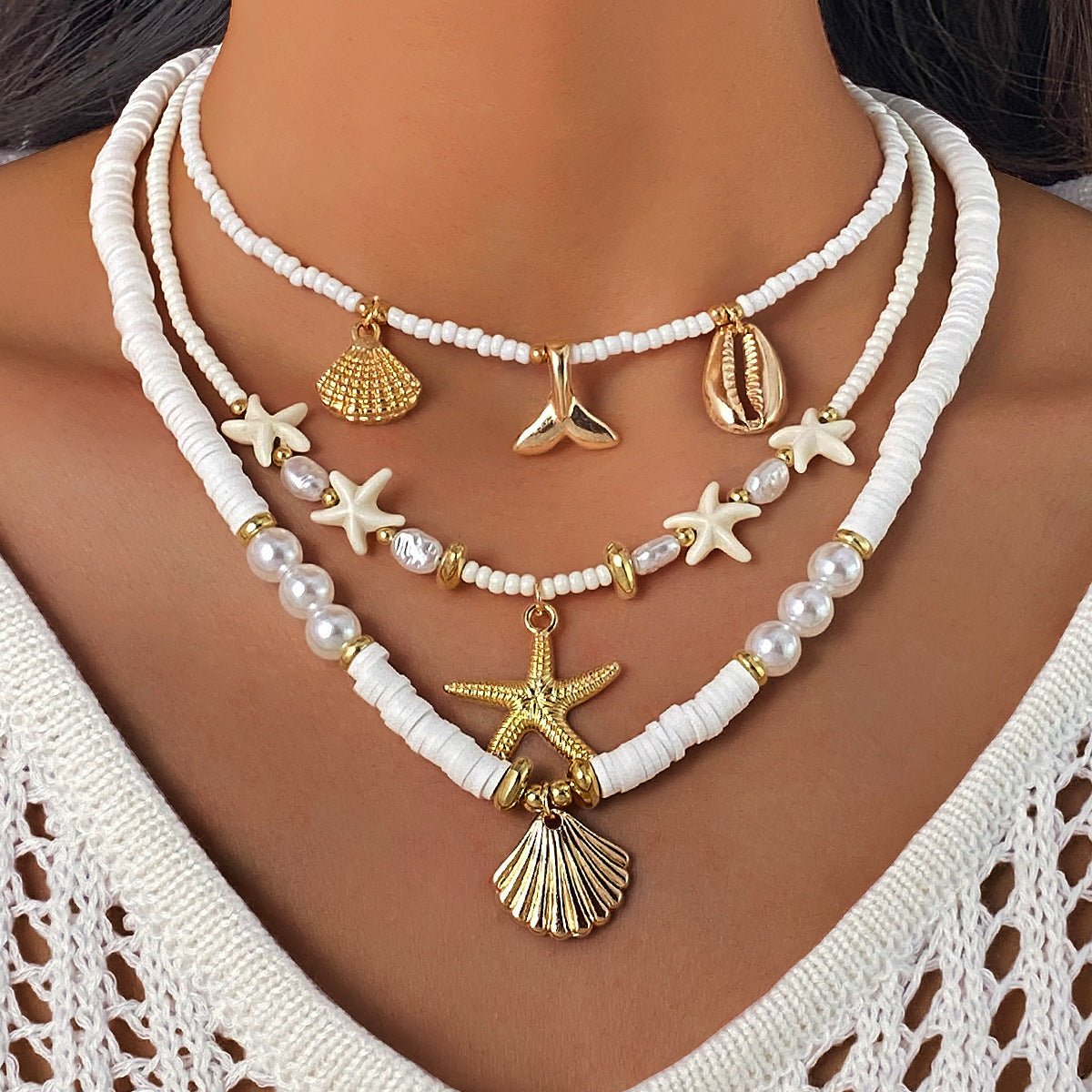 Fish Tail Layered Necklace For Women In Marine Style, Beading Craft With Electroplated Alloy Pendant