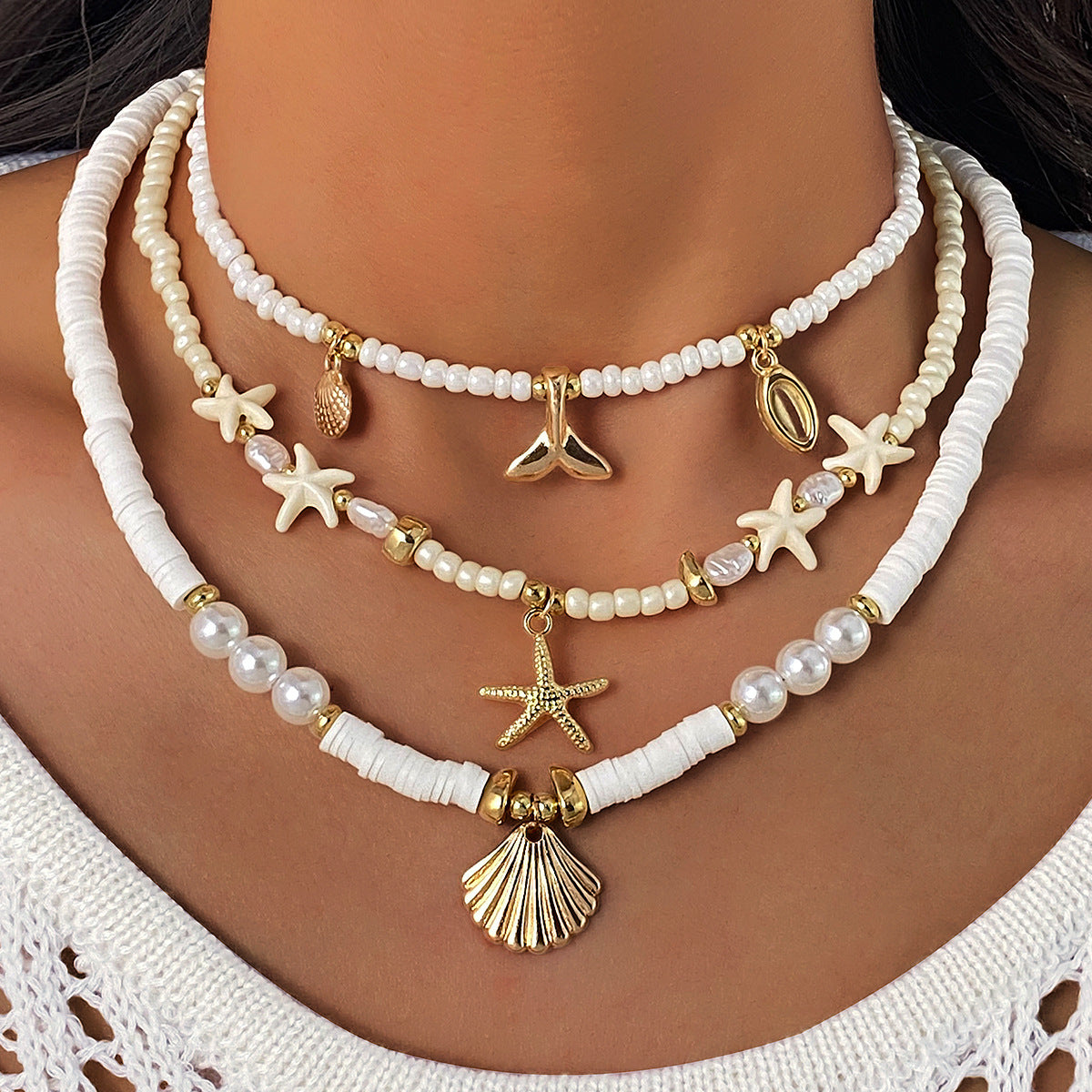 Fish Tail Layered Necklace For Women In Marine Style, Beading Craft With Electroplated Alloy Pendant