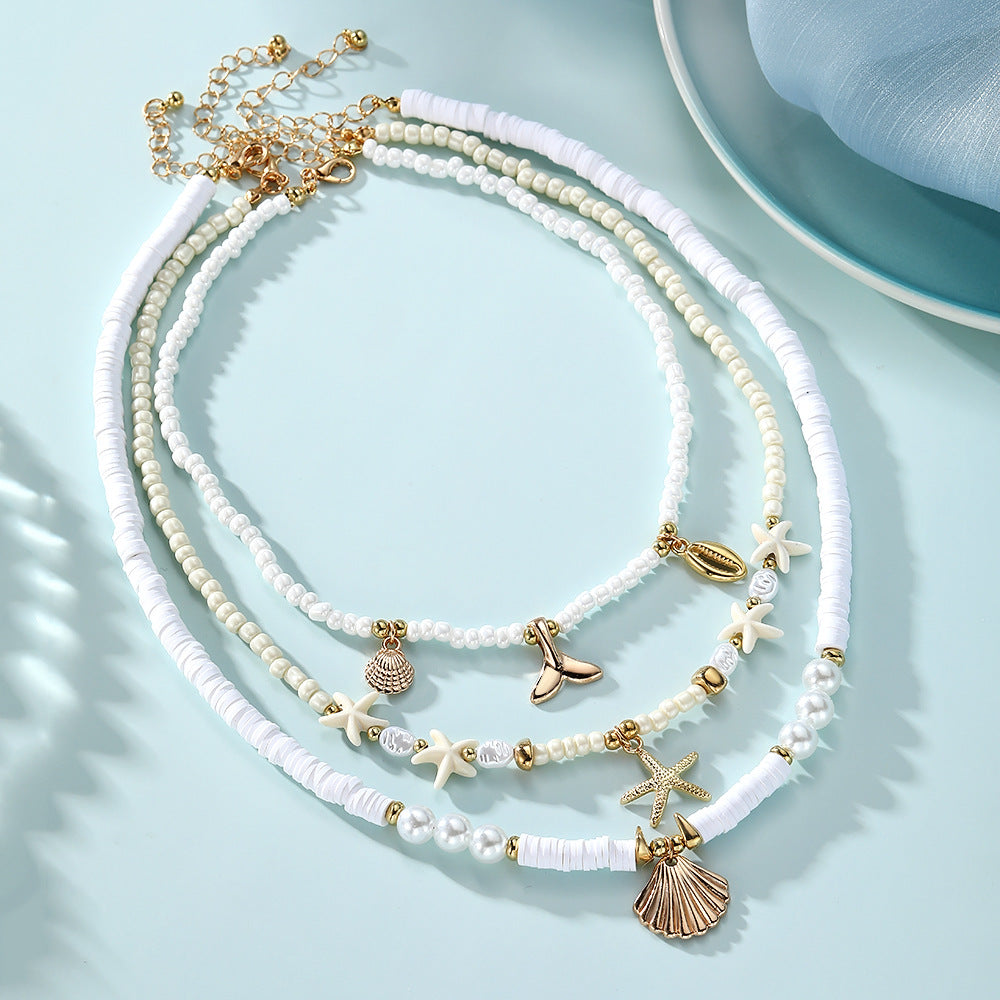 Fish Tail Layered Necklace For Women In Marine Style, Beading Craft With Electroplated Alloy Pendant