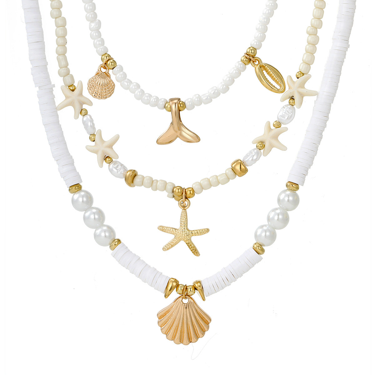 Fish Tail Layered Necklace For Women In Marine Style, Beading Craft With Electroplated Alloy Pendant