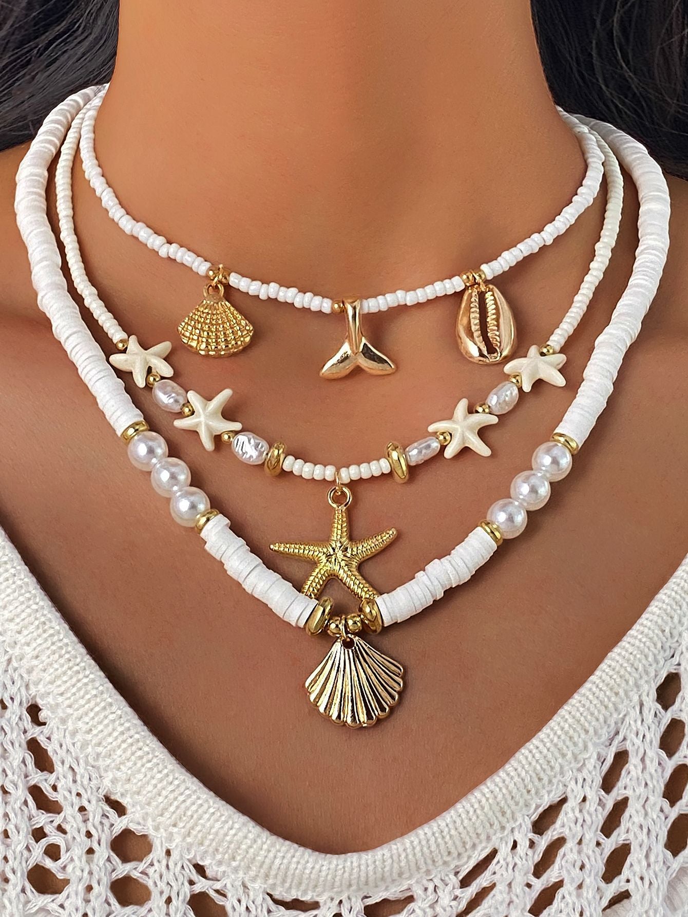 Fish Tail Layered Necklace For Women In Marine Style, Beading Craft With Electroplated Alloy Pendant