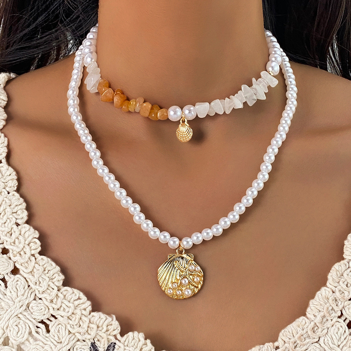 Marine Style Shell Pendant Necklace For Women With Alloy Beaded Chain And Imitation Pearl Inlay
