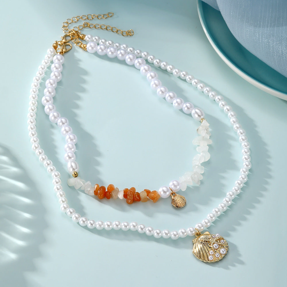 Marine Style Shell Pendant Necklace For Women With Alloy Beaded Chain And Imitation Pearl Inlay