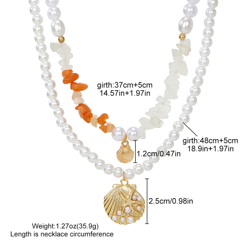 Marine Style Shell Pendant Necklace For Women With Alloy Beaded Chain And Imitation Pearl Inlay