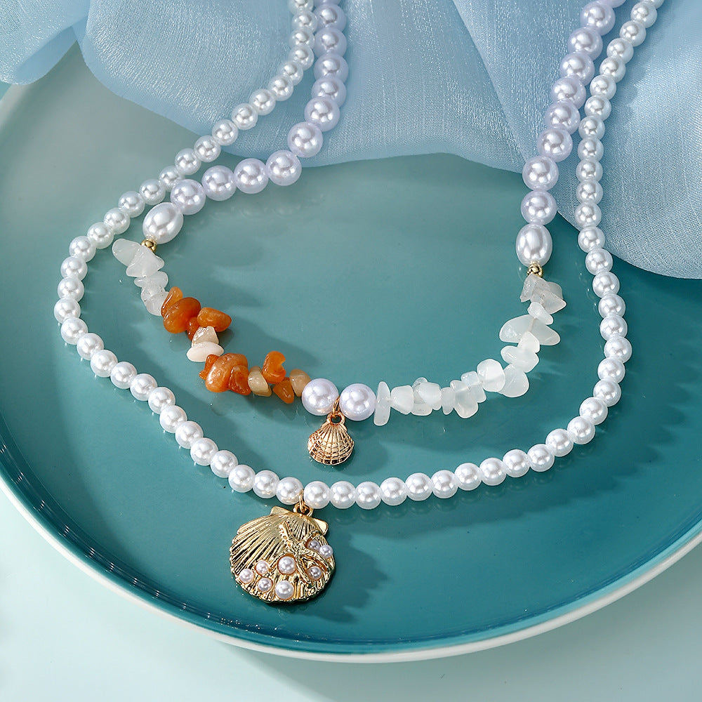 Marine Style Shell Pendant Necklace For Women With Alloy Beaded Chain And Imitation Pearl Inlay