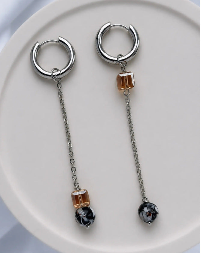Asymmetrical White Glass Splicing Earrings For Women, Stylish Drop Earrings