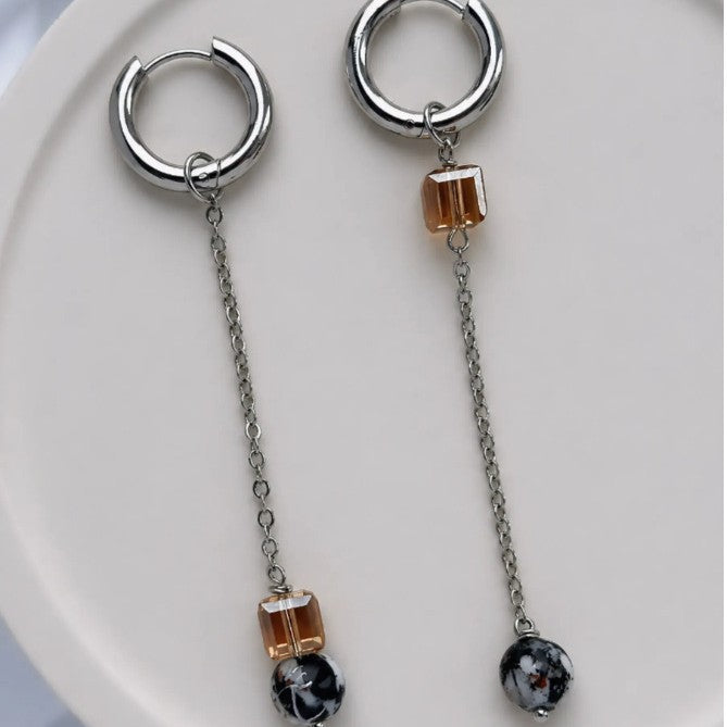 Asymmetrical White Glass Splicing Earrings For Women, Stylish Drop Earrings