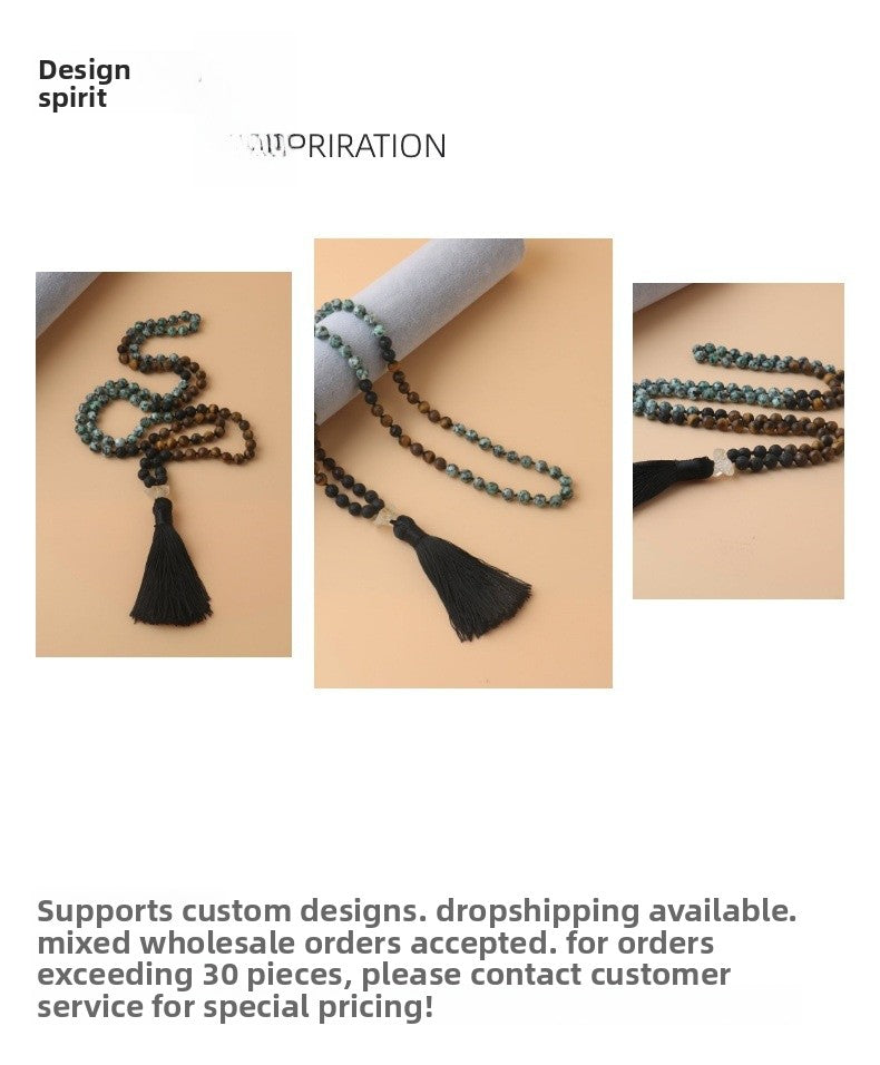 African Style Round Beaded Rosary Necklace With Natural Stone Pendant And Tiger Eye Inlay On Cable Chain For Unisex