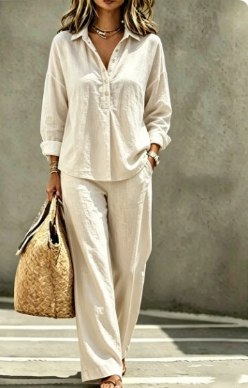 Casual Solid Color Wide Leg Pants Pant Co-ord Set In Polyester With Half Placket, 2 Pieces Set