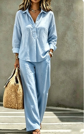 Casual Solid Color Wide Leg Pants Pant Co-ord Set In Polyester With Half Placket, 2 Pieces Set