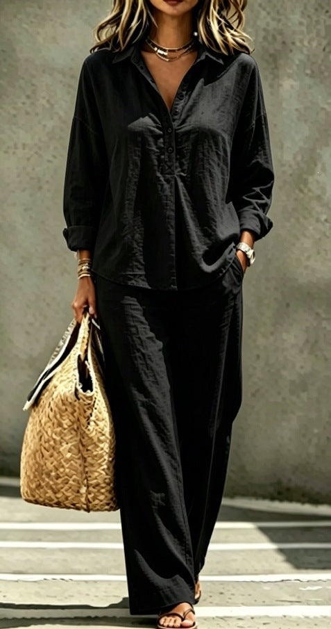 Casual Solid Color Wide Leg Pants Pant Co-ord Set In Polyester With Half Placket, 2 Pieces Set