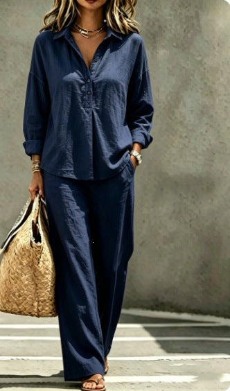 Casual Solid Color Wide Leg Pants Pant Co-ord Set In Polyester With Half Placket, 2 Pieces Set