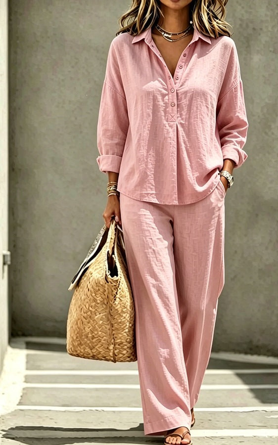 Casual Solid Color Wide Leg Pants Pant Co-ord Set In Polyester With Half Placket, 2 Pieces Set