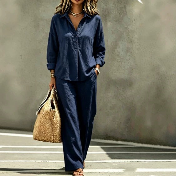 Casual Solid Color Wide Leg Pants Pant Co-ord Set In Polyester With Half Placket, 2 Pieces Set