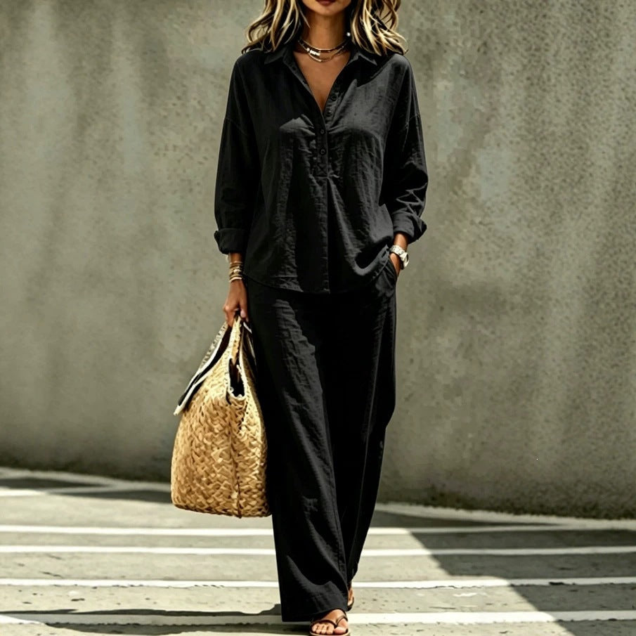 Casual Solid Color Wide Leg Pants Pant Co-ord Set In Polyester With Half Placket, 2 Pieces Set