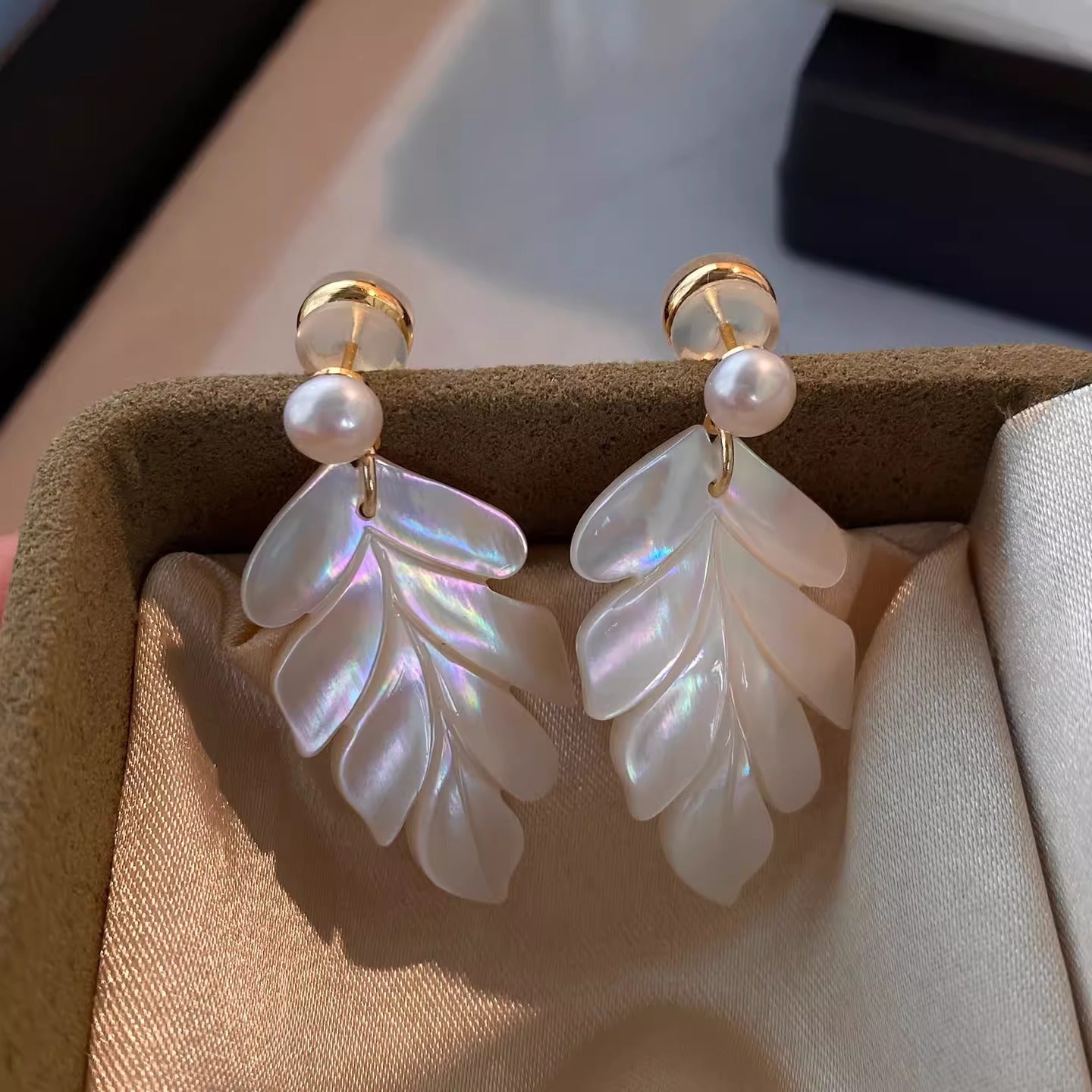 Maple Leaf Earrings For Women Featuring Freshwater Pearl Inlay And 304 Stainless Steel Ear Pins In White