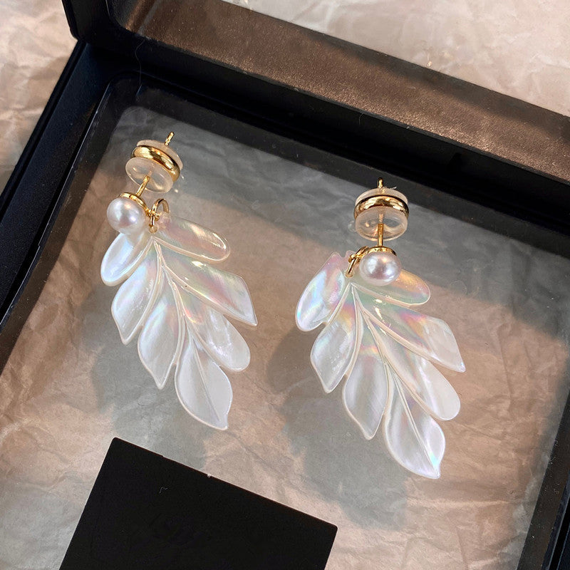 Maple Leaf Earrings For Women Featuring Freshwater Pearl Inlay And 304 Stainless Steel Ear Pins In White