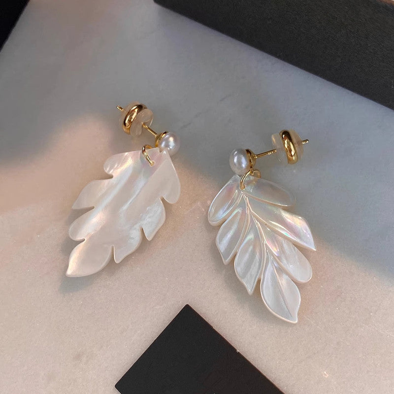 Maple Leaf Earrings For Women Featuring Freshwater Pearl Inlay And 304 Stainless Steel Ear Pins In White