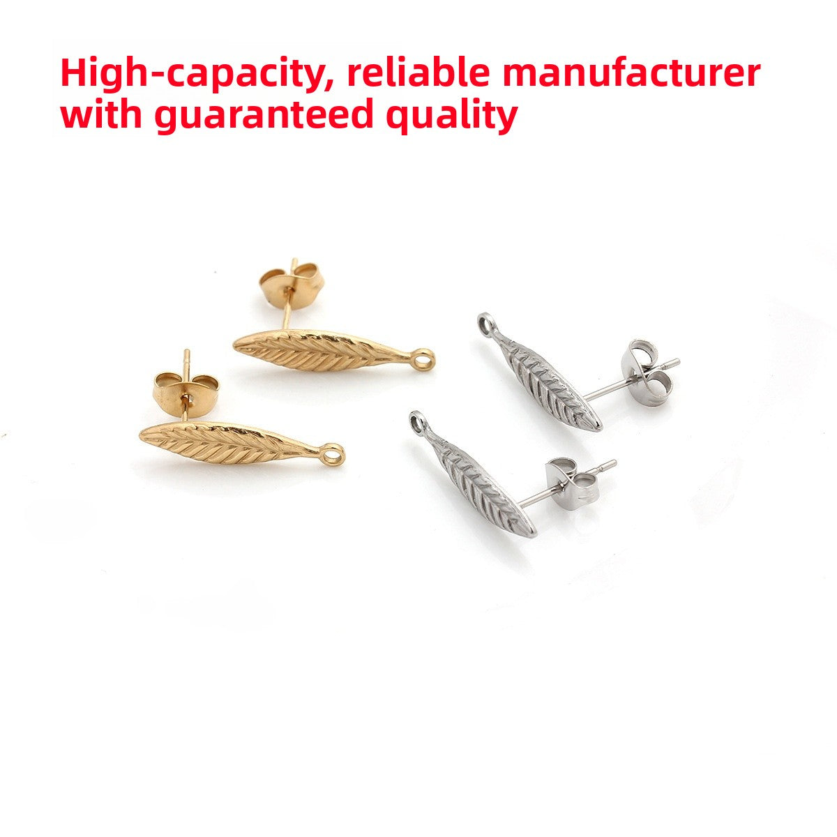 Leaf Earring Findings In Titanium Steel With 18K Real Gold Plated And PVD Coated Electroplated Finish, 1 PCS Package