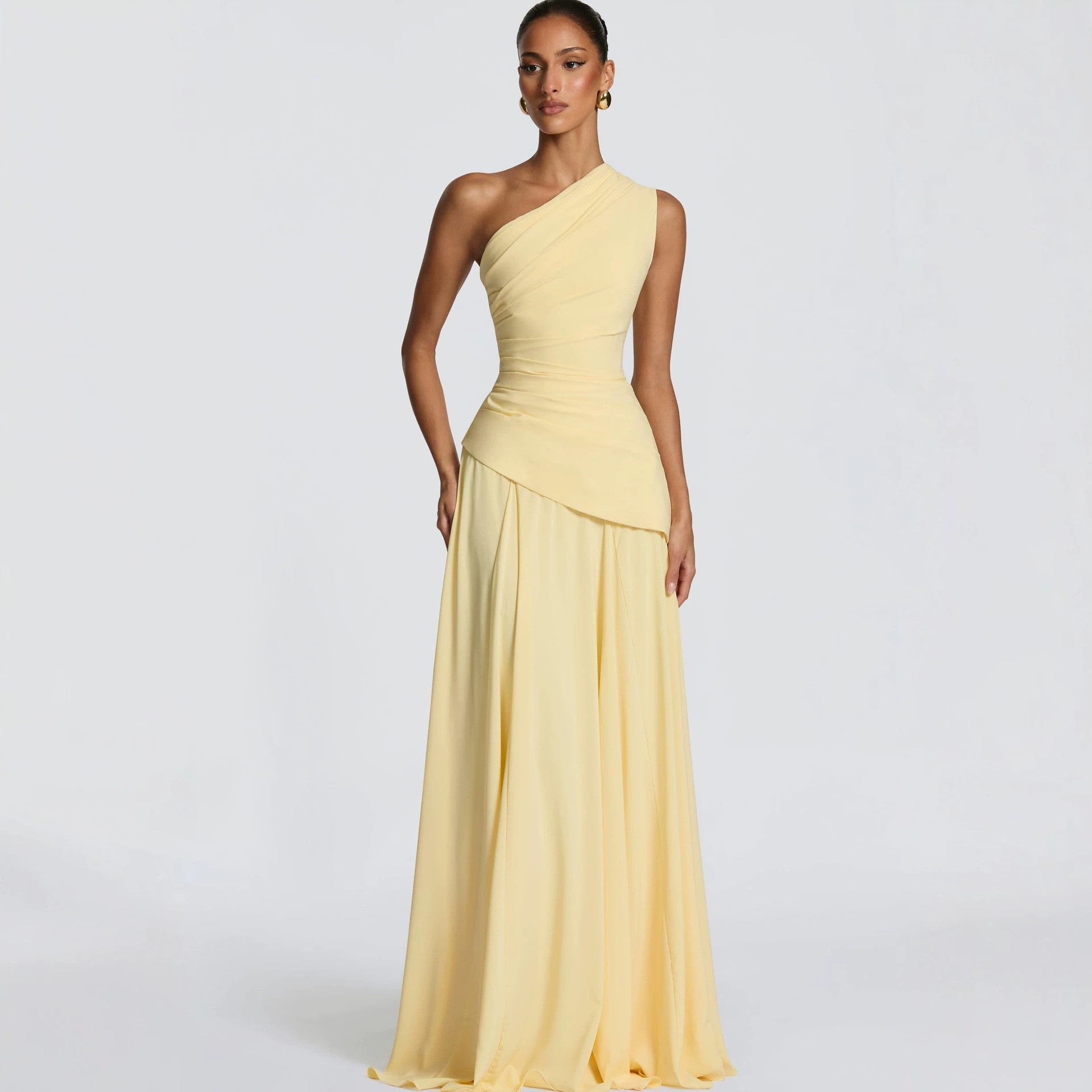 Elegant Solid Color Sleeveless Party Dress With Oblique Collar In Chiffon Fabric For Banquet