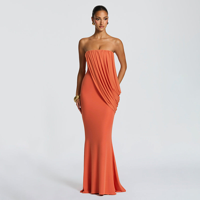 Elegant Solid Color Sleeveless Bodycon Dress With Tube Bra Neckline In Polyester For Date