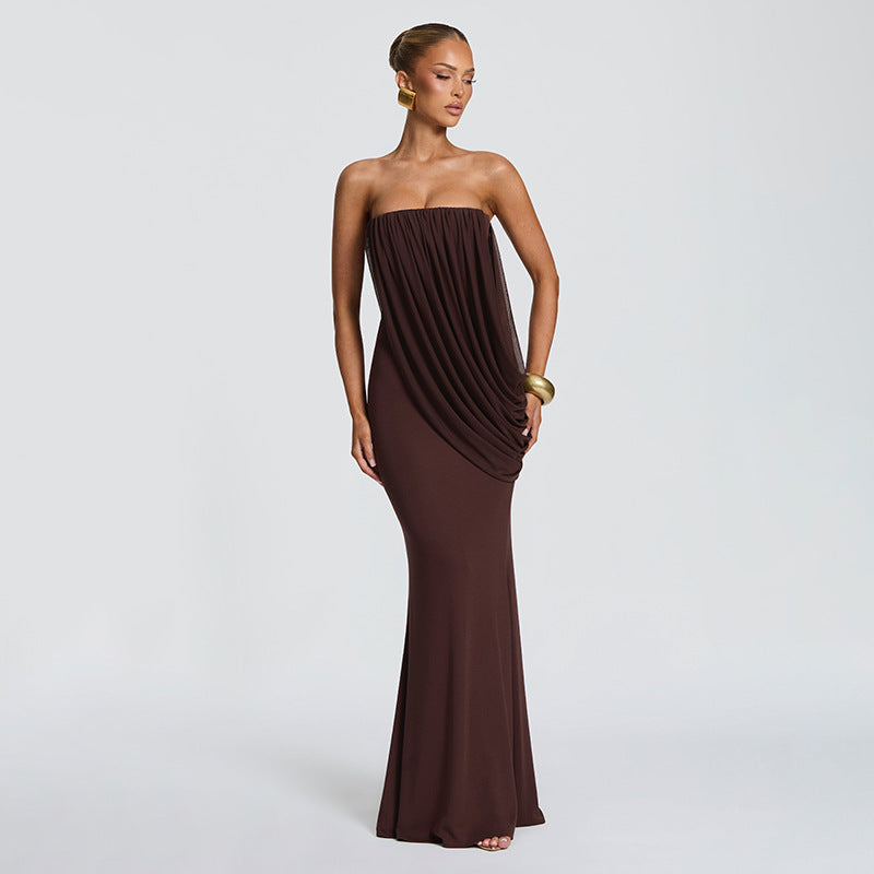 Elegant Solid Color Sleeveless Bodycon Dress With Tube Bra Neckline In Polyester For Date
