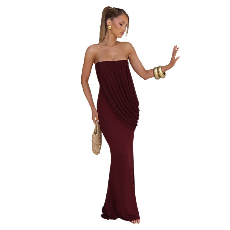 Elegant Solid Color Sleeveless Bodycon Dress With Tube Bra Neckline In Polyester For Date
