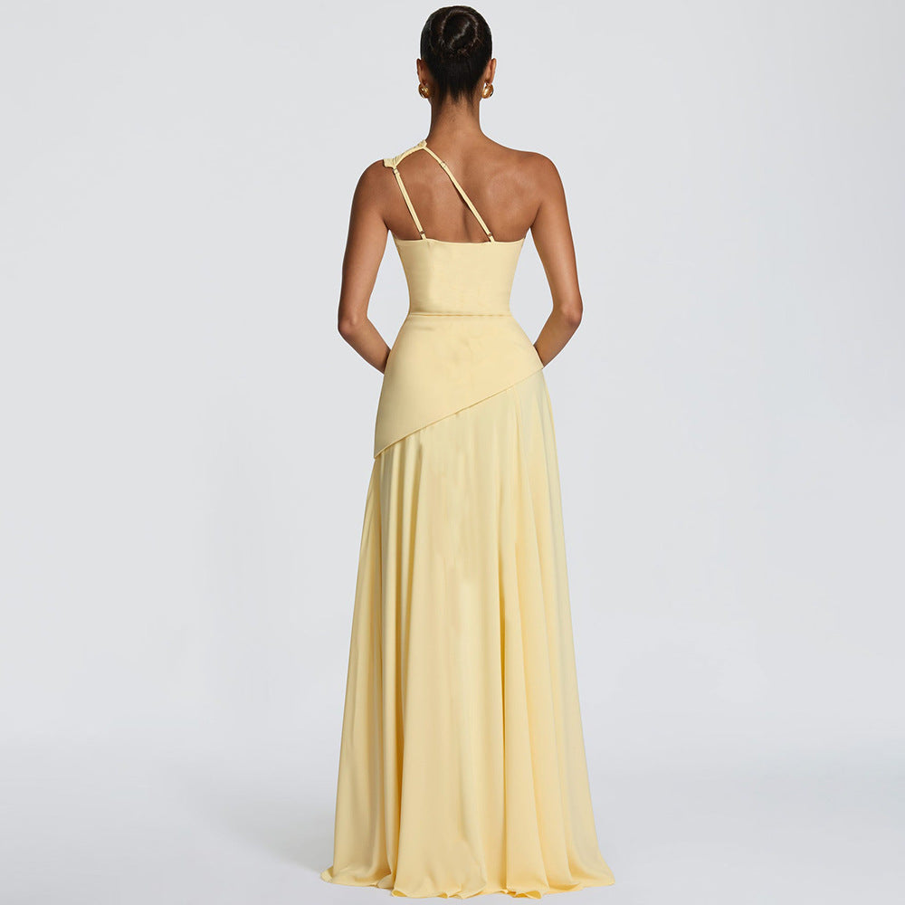 Elegant Solid Color Sleeveless Party Dress With Oblique Collar In Chiffon Fabric For Banquet