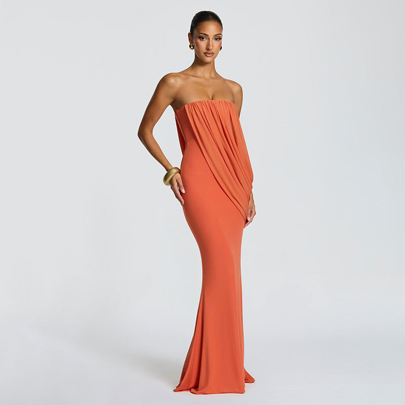 Elegant Solid Color Sleeveless Bodycon Dress With Tube Bra Neckline In Polyester For Date